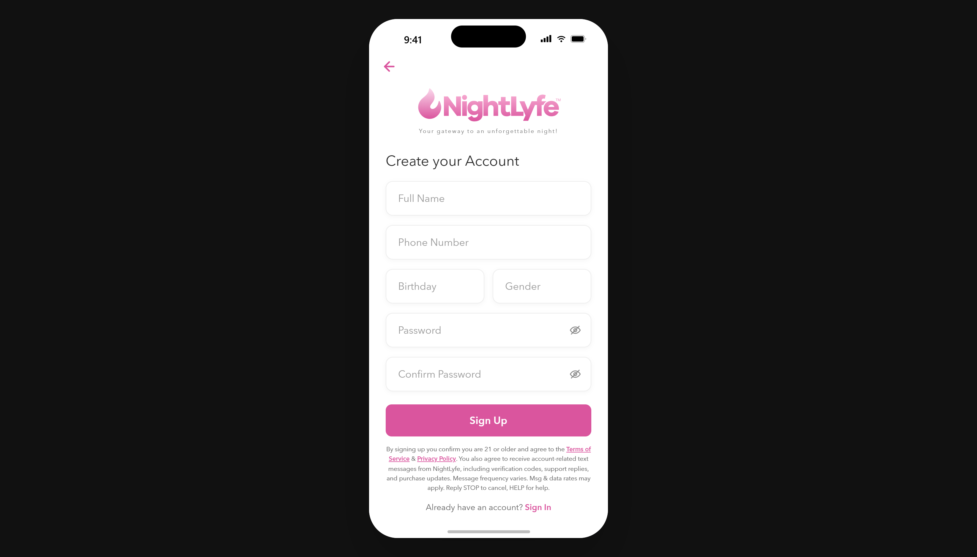 NightLyfe Sign Up screen showing the SMS consent notice beneath the Sign Up button