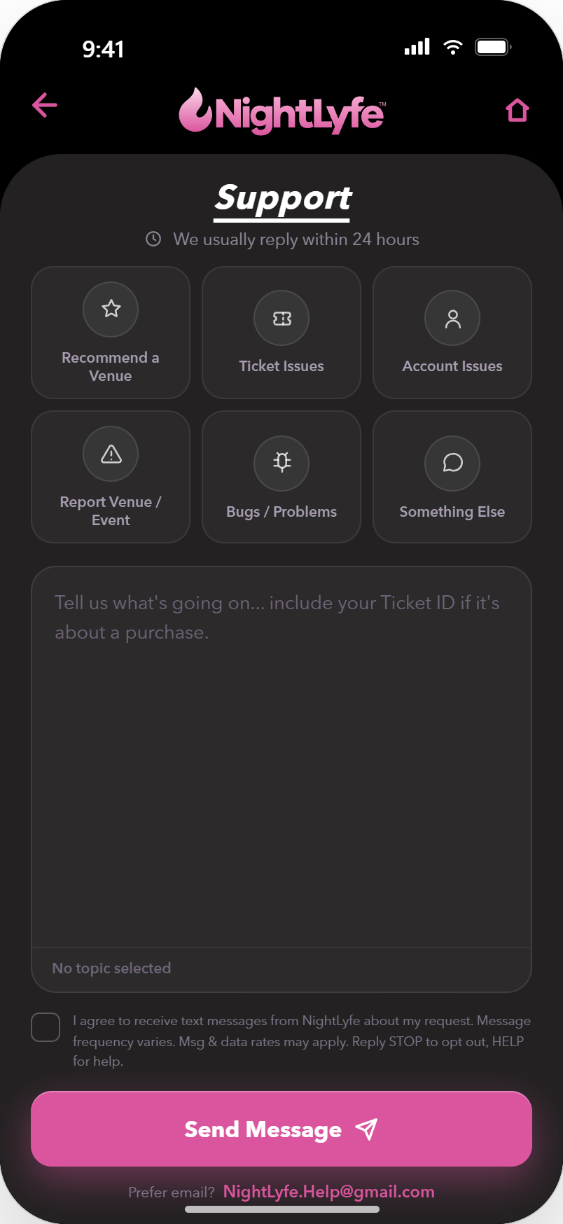 NightLyfe Customer Support screen showing the SMS consent checkbox, unchecked by default, above the Send Message button
